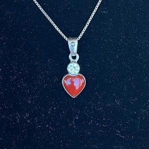 Signed Mexico 925 Carnelian Heart Necklace w Quartz